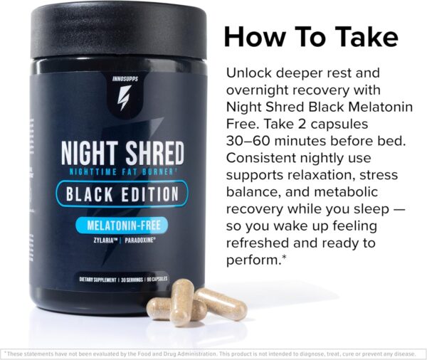 Night Shred Black Melatonin-Free Nighttime Fat Burner and Sleep Support Supplement - GABA Complex with Ashwagandha, CLA, Grains of Paradise, and Zylaria - Thermogenic Fat Burner - 90 Vegan Capsules