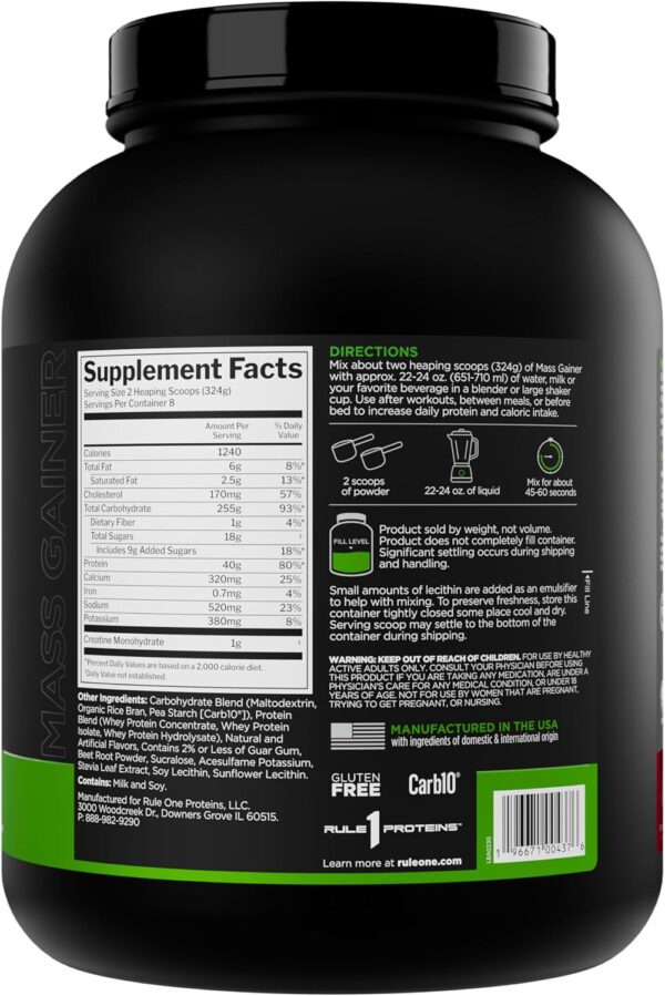 Rule 1 Proteins Mass Gainer - High-Calorie Weight Gain Formula with 1,220+ Calories, 250g+ Complex Carb Blend, 40g All-Whey Protein Per Serving (8 Servings, Strawberries & Crème)