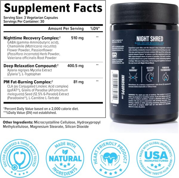 Night Shred Black Melatonin-Free Nighttime Fat Burner and Sleep Support Supplement - GABA Complex with Ashwagandha, CLA, Grains of Paradise, and Zylaria - Thermogenic Fat Burner - 90 Vegan Capsules