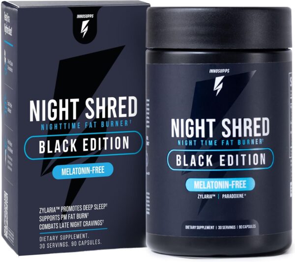 Night Shred Black Melatonin-Free Nighttime Fat Burner and Sleep Support Supplement - GABA Complex with Ashwagandha, CLA, Grains of Paradise, and Zylaria - Thermogenic Fat Burner - 90 Vegan Capsules