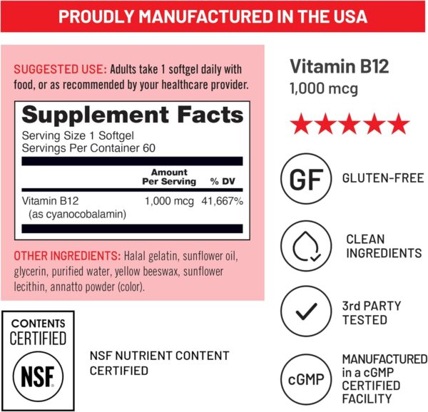 NatureWise Vitamin B12 1000 mcg - Dietary Supplement for Supporting Energy Metabolism, Mental Clarity, Nervous System Health - Easy-to-Swallow, Soy & Gluten-Free, Non-GMO - 60 Softgels[60-Day Supply]