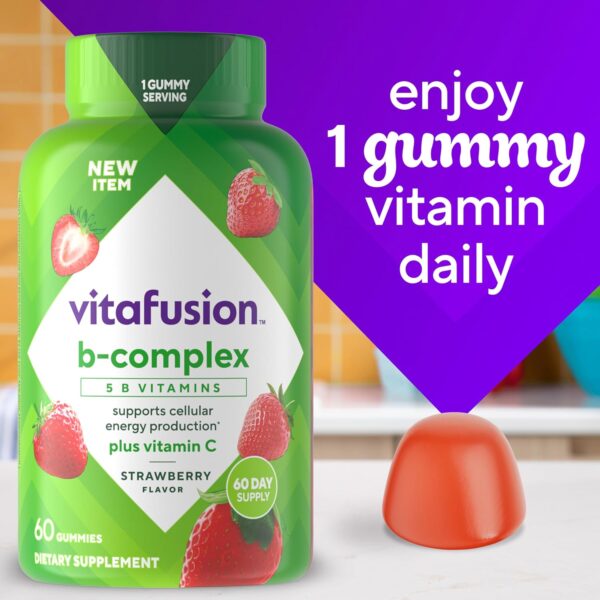 81MGzFtJMPL._AC_SL1500_.jpg vitafusion B-Complex Gummy Dietary Supplements, with 5 B Vitamins to Support Cellular Energy Production (1), Plus Vitamin C, Strawberry Flavor, 60 Count