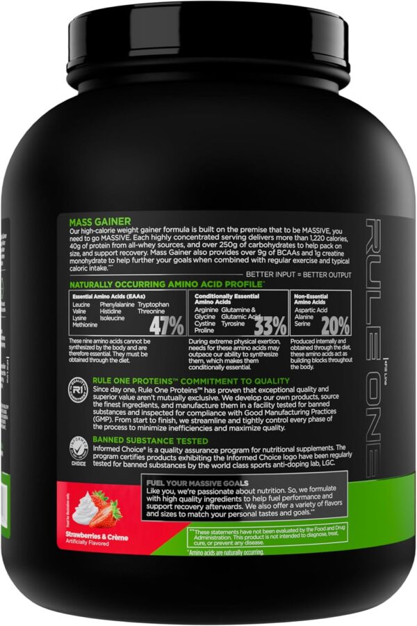 Rule 1 Proteins Mass Gainer - High-Calorie Weight Gain Formula with 1,220+ Calories, 250g+ Complex Carb Blend, 40g All-Whey Protein Per Serving (8 Servings, Strawberries & Crème)
