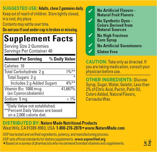 Nature Made Vitamin B12 Gummies 1000 mcg per serving, Dietary Supplement for Energy Metabolism Support, B12 Vitamins, 80 Gummy Vitamins, 40 Day Supply