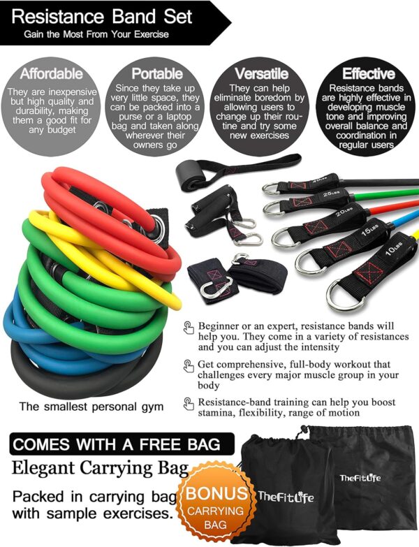 91D3btMVSfL._AC_SL1500_.jpg TheFitLife Exercise Resistance Bands with Handles - 5 Fitness Workout Bands Stackable up to 110/150/200/250/300 lbs, Training Tubes with Large Handles, Ankle Straps, Door Anchor, Carry Bag